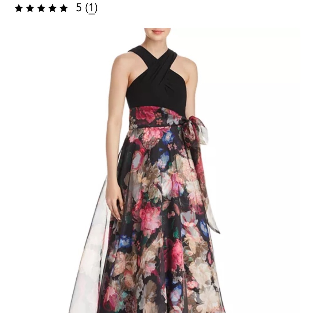 Eliza J Black & Floral A-Line Halter Evening Dress